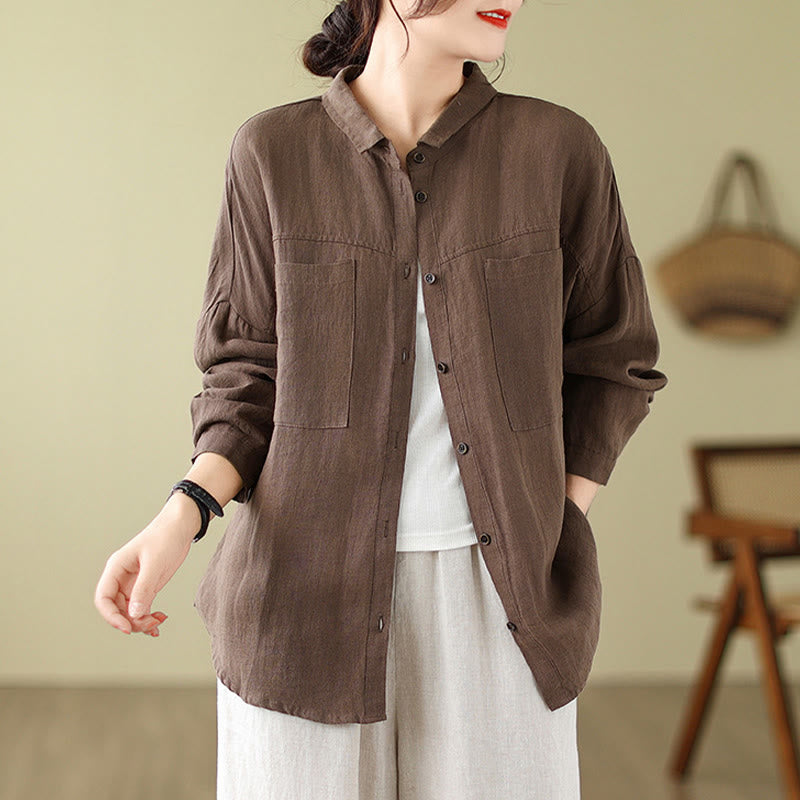 Buddha Stones Casual Plain Women's Cotton Linen Long Sleeve Shirt