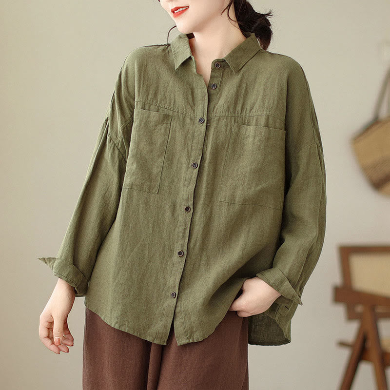 Buddha Stones Casual Plain Women's Cotton Linen Long Sleeve Shirt