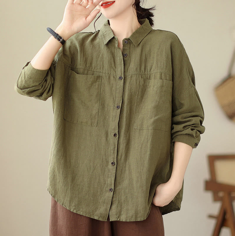Buddha Stones Casual Plain Women's Cotton Linen Long Sleeve Shirt