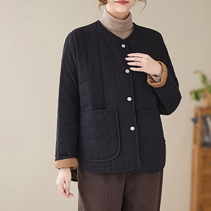 Buddha Stones Retro Plain Women's Thick Cotton Long Sleeve Coat Jacket With Pockets