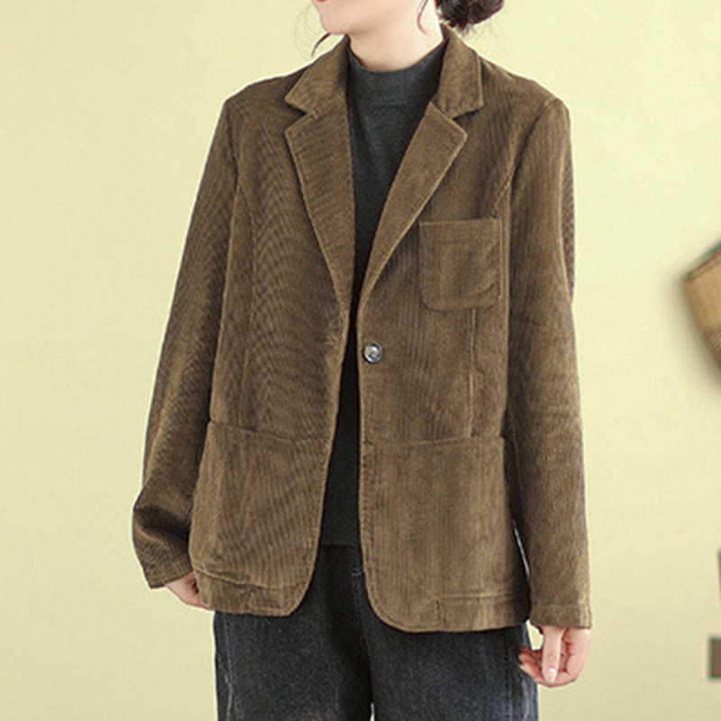 Buddha Stones Retro Plain Women's Cotton Long Sleeve Corduroy Jacket With Pockets
