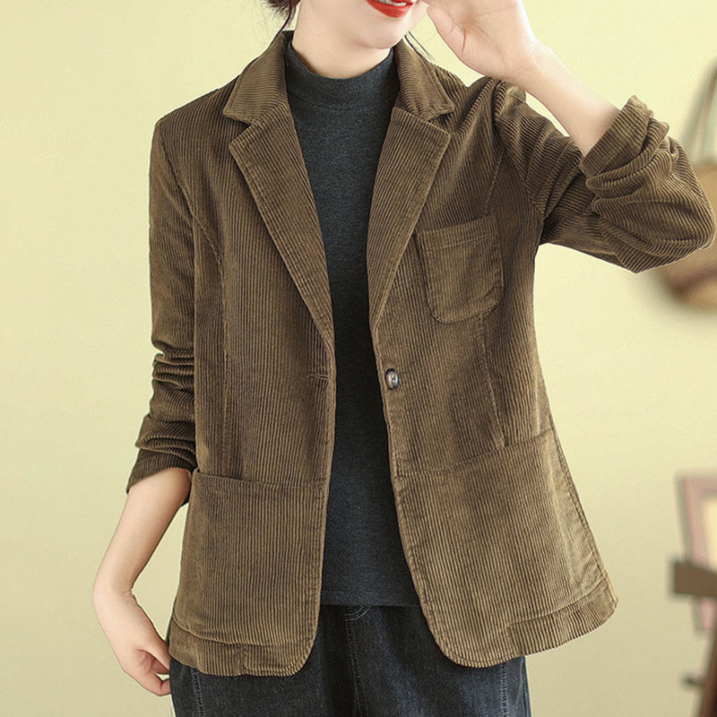 Buddha Stones Retro Plain Women's Cotton Long Sleeve Corduroy Jacket With Pockets