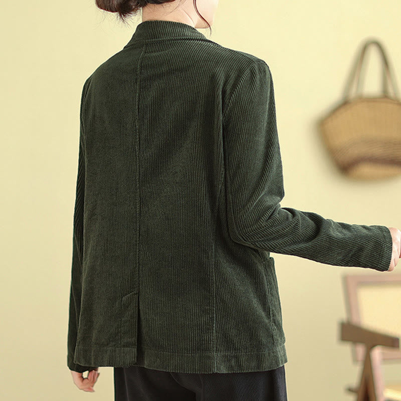 Buddha Stones Retro Plain Women's Cotton Long Sleeve Corduroy Jacket With Pockets