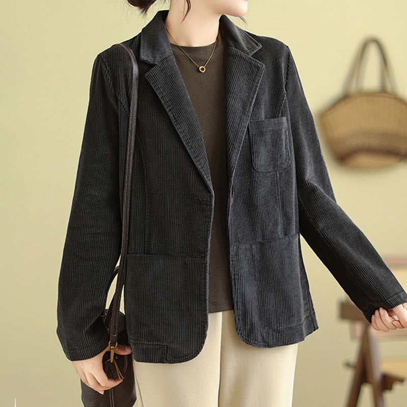 Buddha Stones Retro Plain Women's Cotton Long Sleeve Corduroy Jacket With Pockets