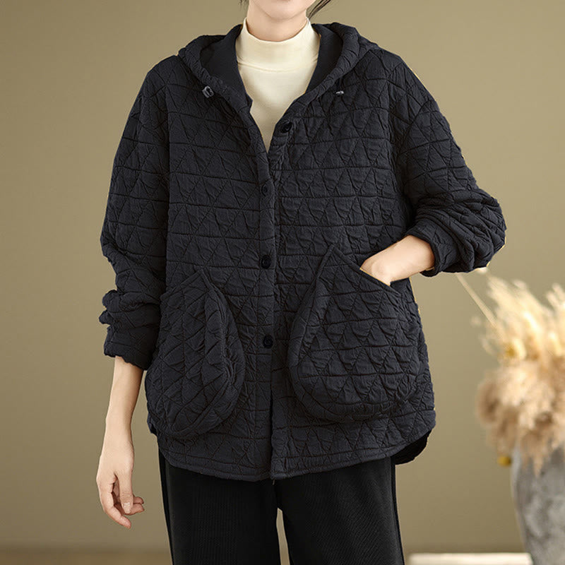 Buddha Stones Retro Rhombic Pattern Women's Acrylic Hooded Long Sleeve Jacket