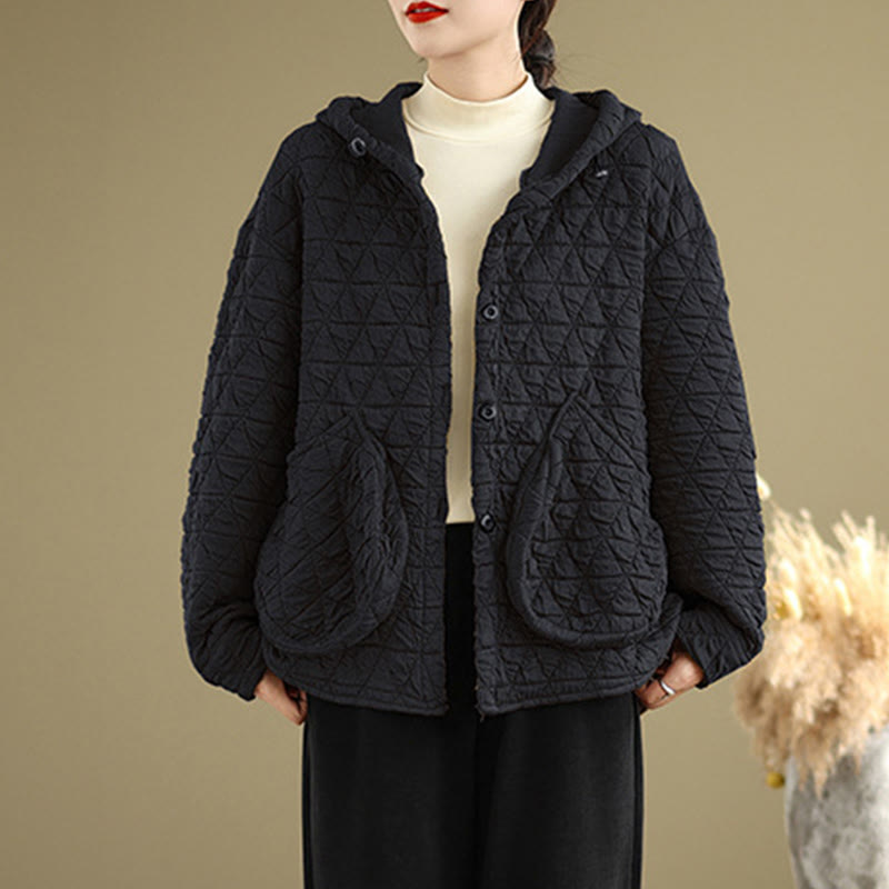 Buddha Stones Retro Rhombic Pattern Women's Acrylic Hooded Long Sleeve Jacket
