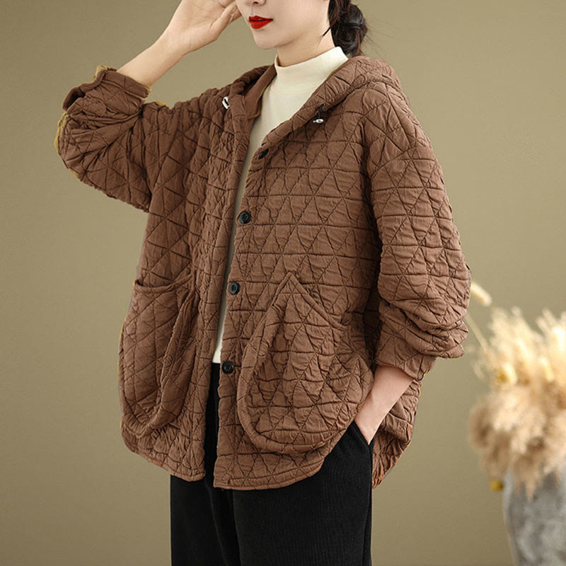 Buddha Stones Retro Rhombic Pattern Women's Acrylic Hooded Long Sleeve Jacket