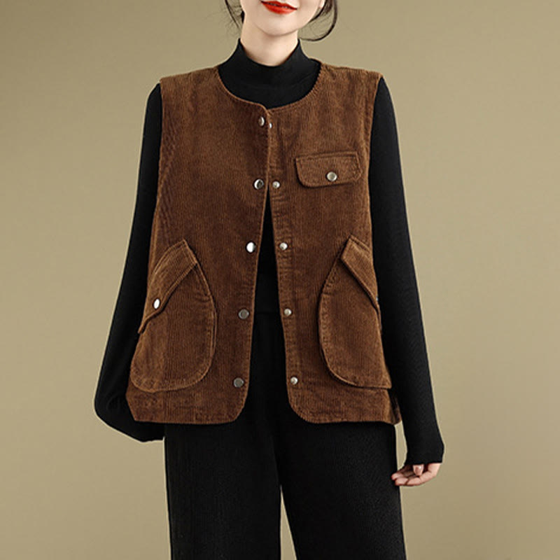 Buddha Stones Sleeveless Buttons Women's Cotton Vest Corduroy Waistcoat With Pockets