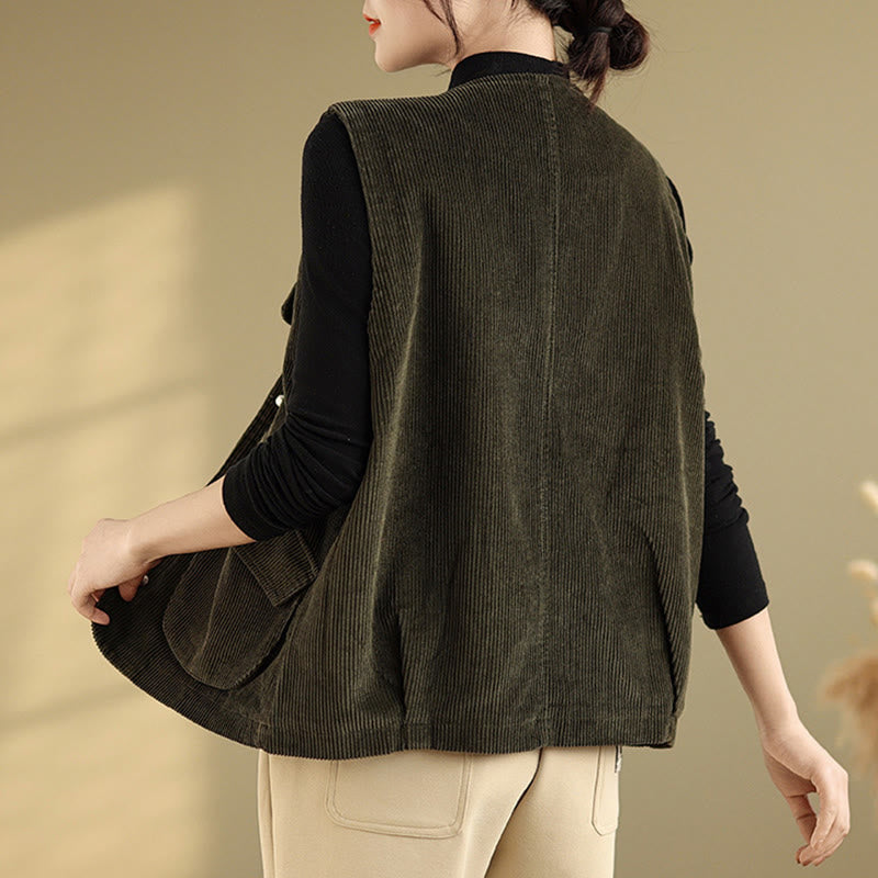 Buddha Stones Sleeveless Buttons Women's Cotton Vest Corduroy Waistcoat With Pockets