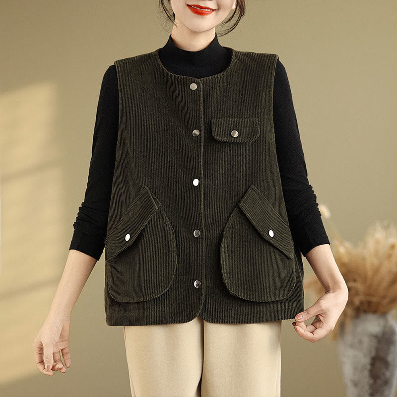 Buddha Stones Sleeveless Buttons Women's Cotton Vest Corduroy Waistcoat With Pockets