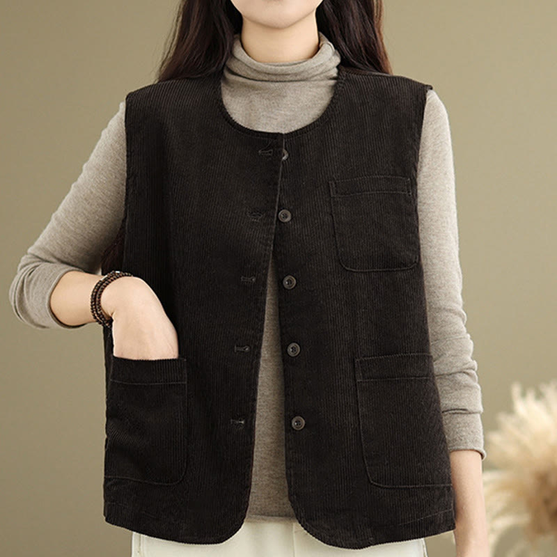 Buddha Stones Corduroy Buttons Women's Sleeveless Cotton Vest Waistcoat With Pockets