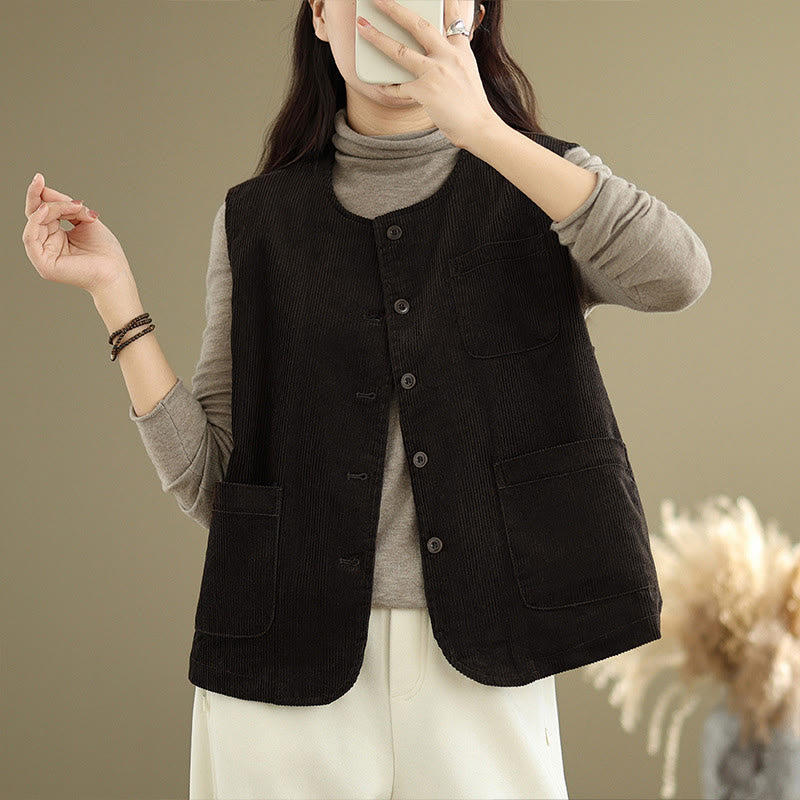 Buddha Stones Corduroy Buttons Women's Sleeveless Cotton Vest Waistcoat With Pockets
