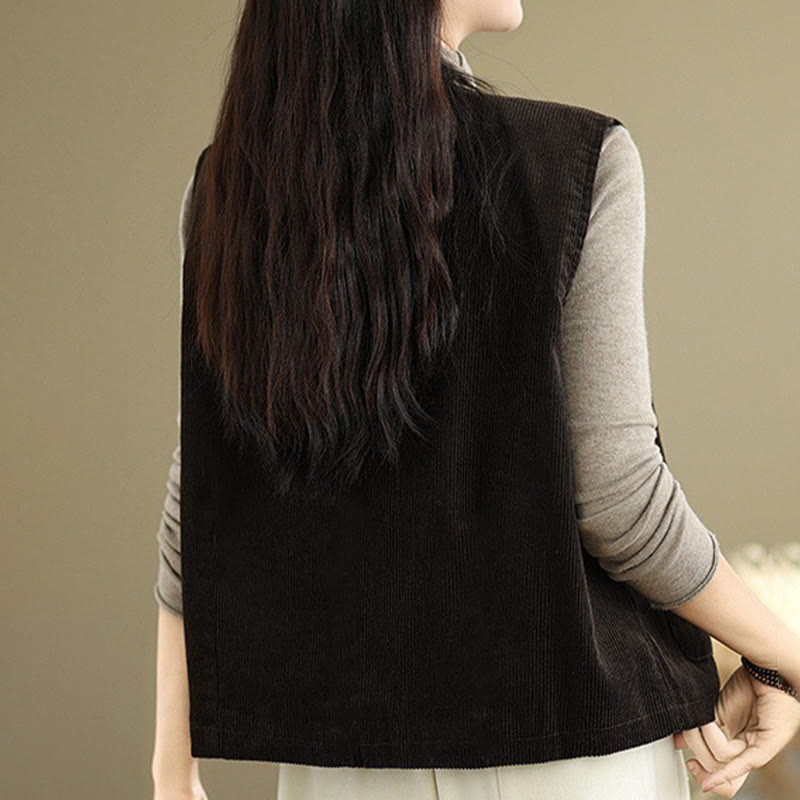 Buddha Stones Corduroy Buttons Women's Sleeveless Cotton Vest Waistcoat With Pockets