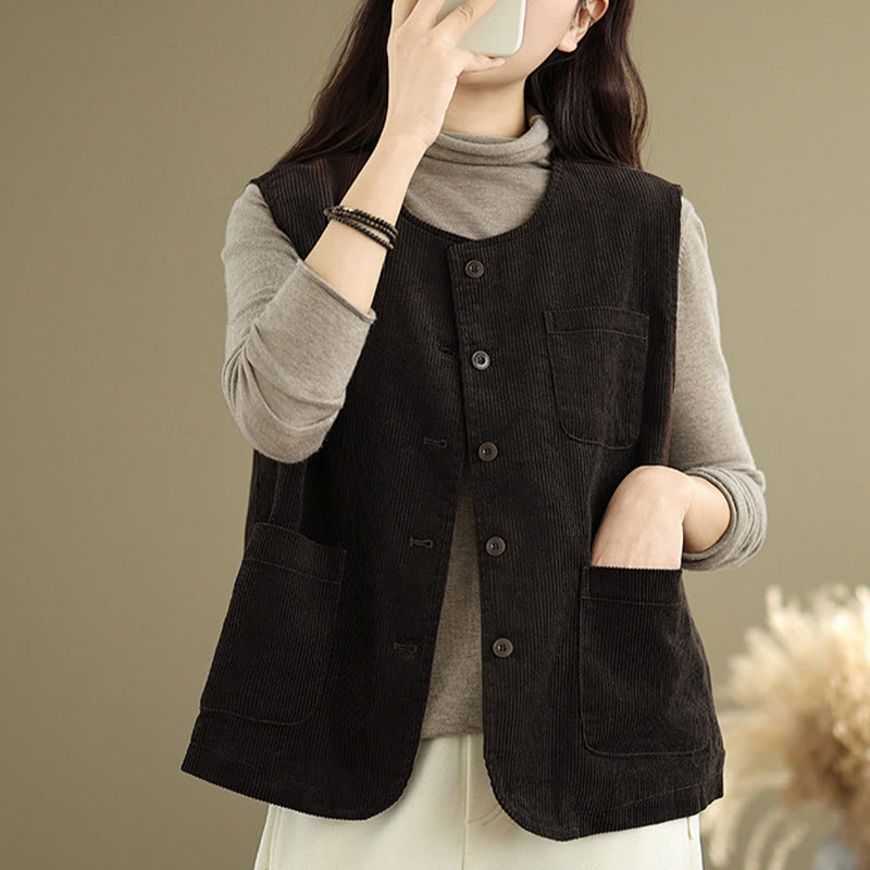 Buddha Stones Corduroy Buttons Women's Sleeveless Cotton Vest Waistcoat With Pockets