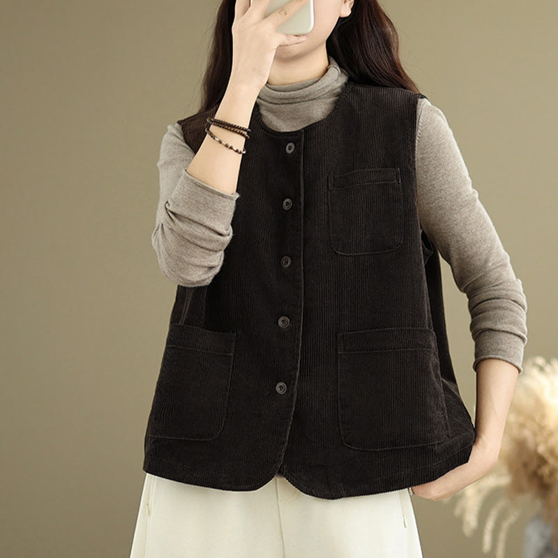 Buddha Stones Corduroy Buttons Women's Sleeveless Cotton Vest Waistcoat With Pockets