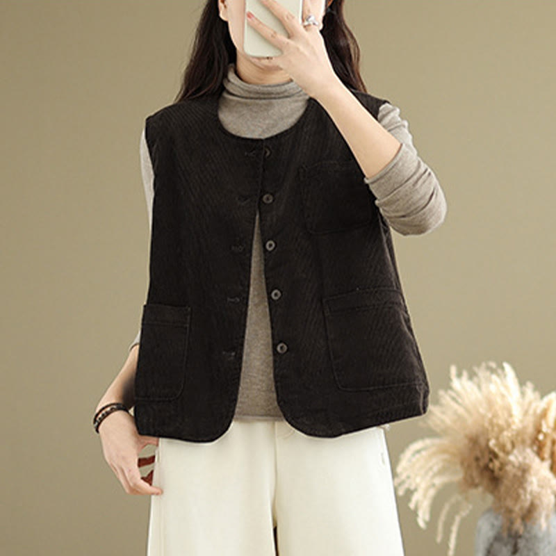 Buddha Stones Corduroy Buttons Women's Sleeveless Cotton Vest Waistcoat With Pockets