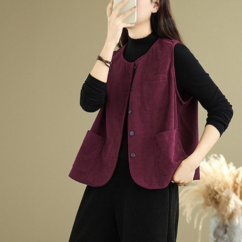 Buddha Stones Corduroy Buttons Women's Sleeveless Cotton Vest Waistcoat With Pockets