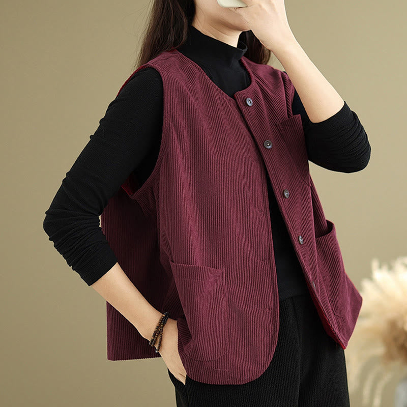 Buddha Stones Corduroy Buttons Women's Sleeveless Cotton Vest Waistcoat With Pockets