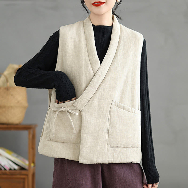 Buddha Stones Plain Lace-up Women's Sleeveless Cotton Vest Waistcoat With Pockets