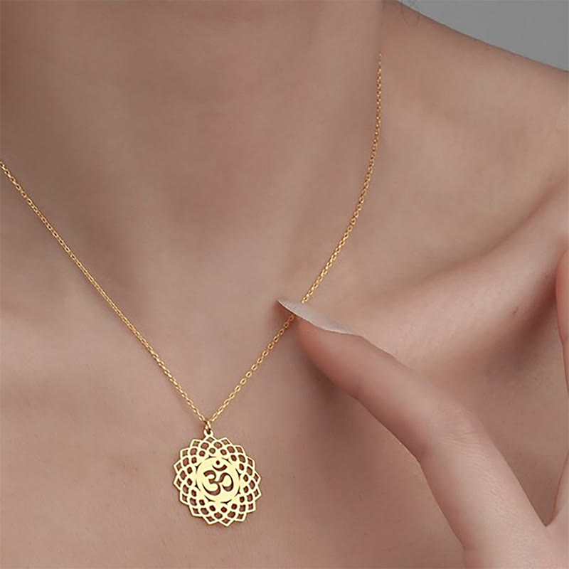 Buddha Stones Hollow Lotus Design Om Symbol Stainless Steel Connection Necklace Pendant