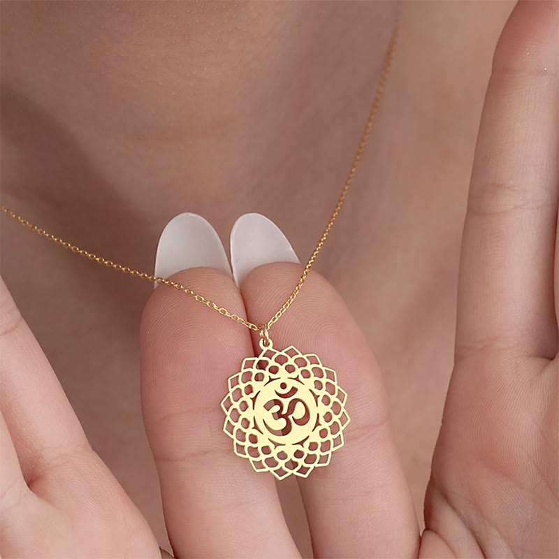 Buddha Stones Hollow Lotus Design Om Symbol Stainless Steel Connection Necklace Pendant