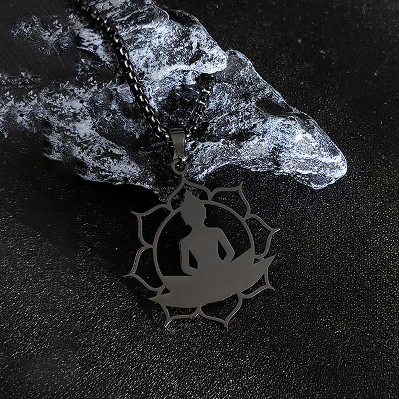 Buddha Stones Vintage Lotus Sitting Buddha Design Stainless Steel Enlightenment Necklace Pendant
