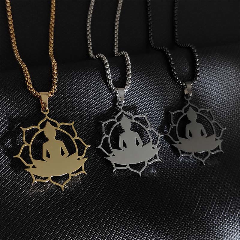 Buddha Stones Vintage Lotus Sitting Buddha Design Stainless Steel Enlightenment Necklace Pendant