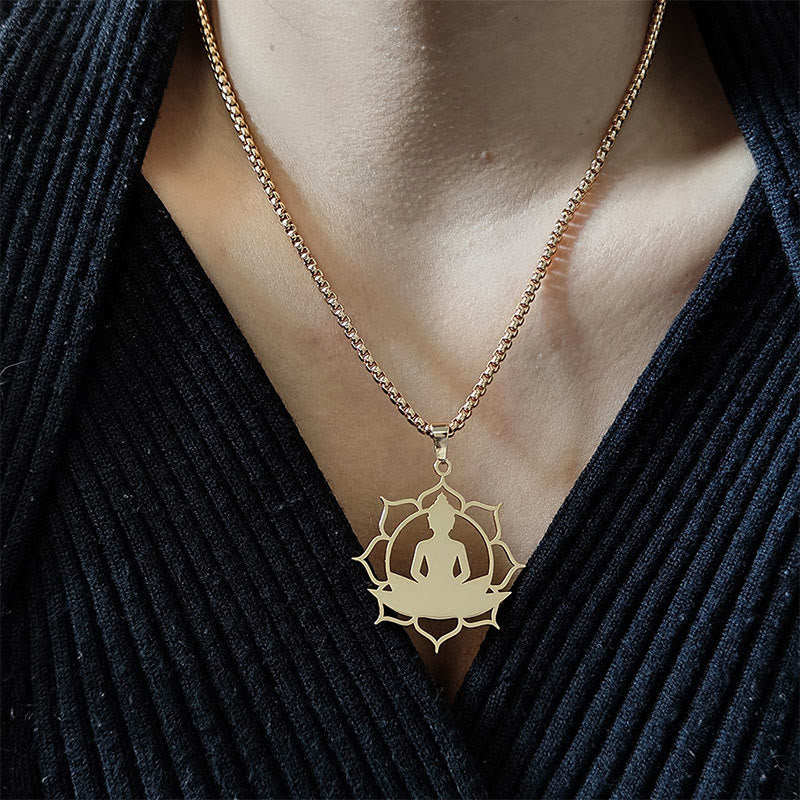 Buddha Stones Vintage Lotus Sitting Buddha Design Stainless Steel Enlightenment Necklace Pendant