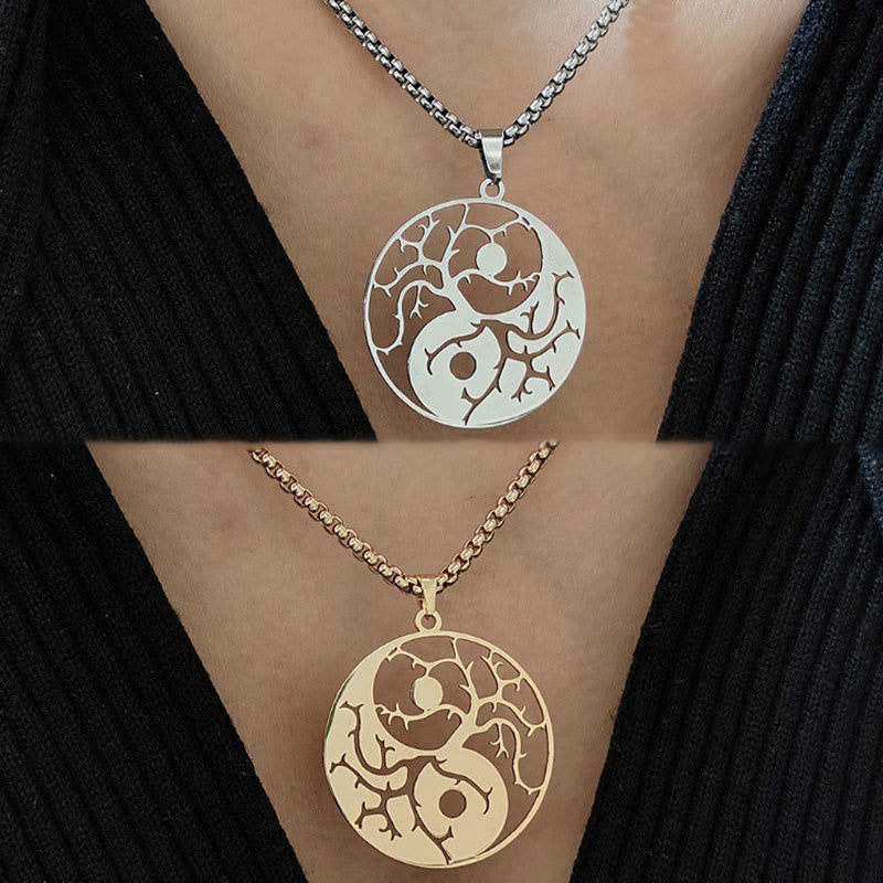 Buddha Stones Branches Hollow Yin Yang Design Stainless Steel Balance Necklace Pendant