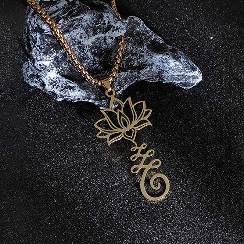 Buddha Stones Chakra Symbol Irregular Design Lotus Stainless Steel Enlightenment Necklace Pendant