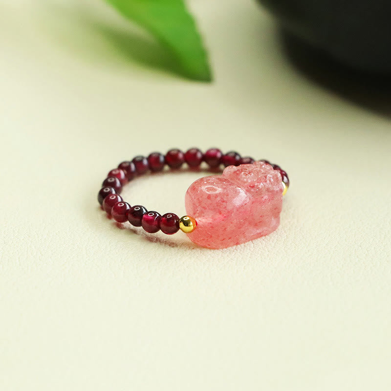 Buddha Stones Garnet Beads Strawberry Quartz Pixiu Protection Ring