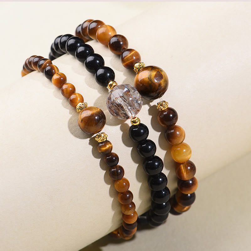Buddha Stones Tiger Eye Black Obsidian Courage Beads Bracelet