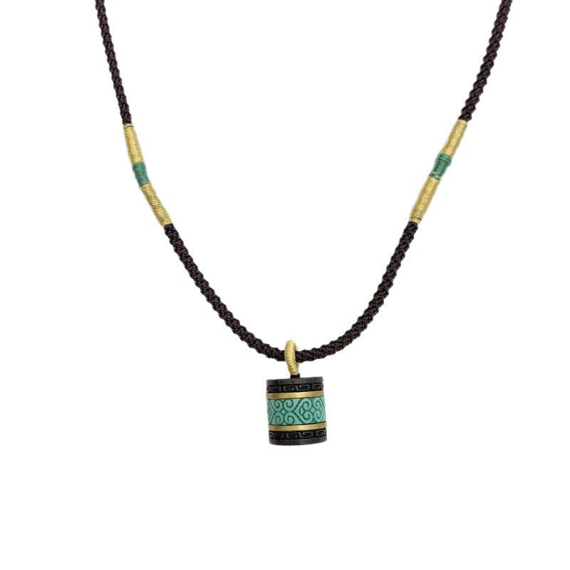 Buddha Stones Ebony Wood Turquoise Cylinder Peace Necklace Pendant