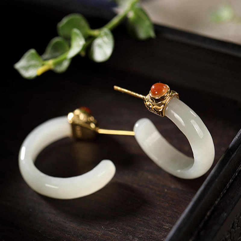 Buddha Stones 925 Sterling Silver Hetian Jade Prosperity Curved Earrings