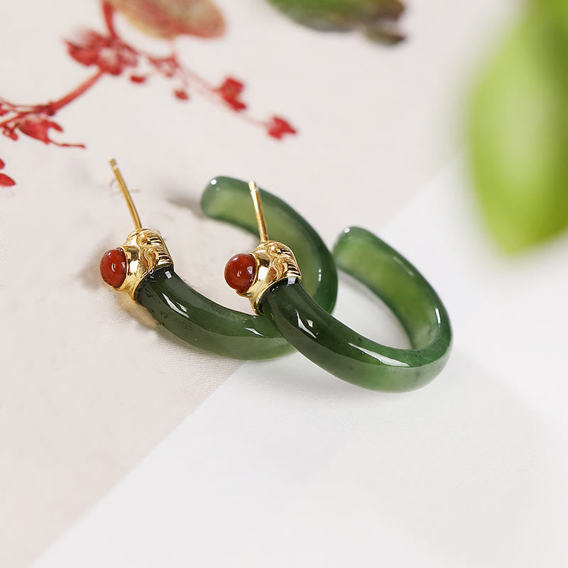Buddha Stones 925 Sterling Silver Hetian Jade Prosperity Curved Earrings