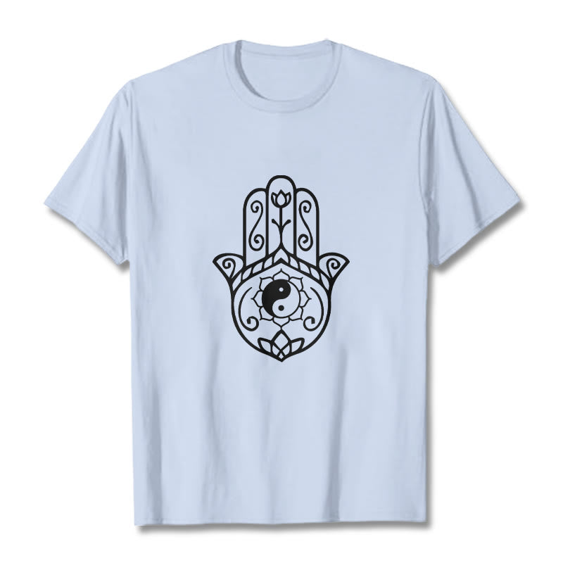 Buddha Stones Hamsa Hand Yin Yang Pattern Tee Cotton T-shirt
