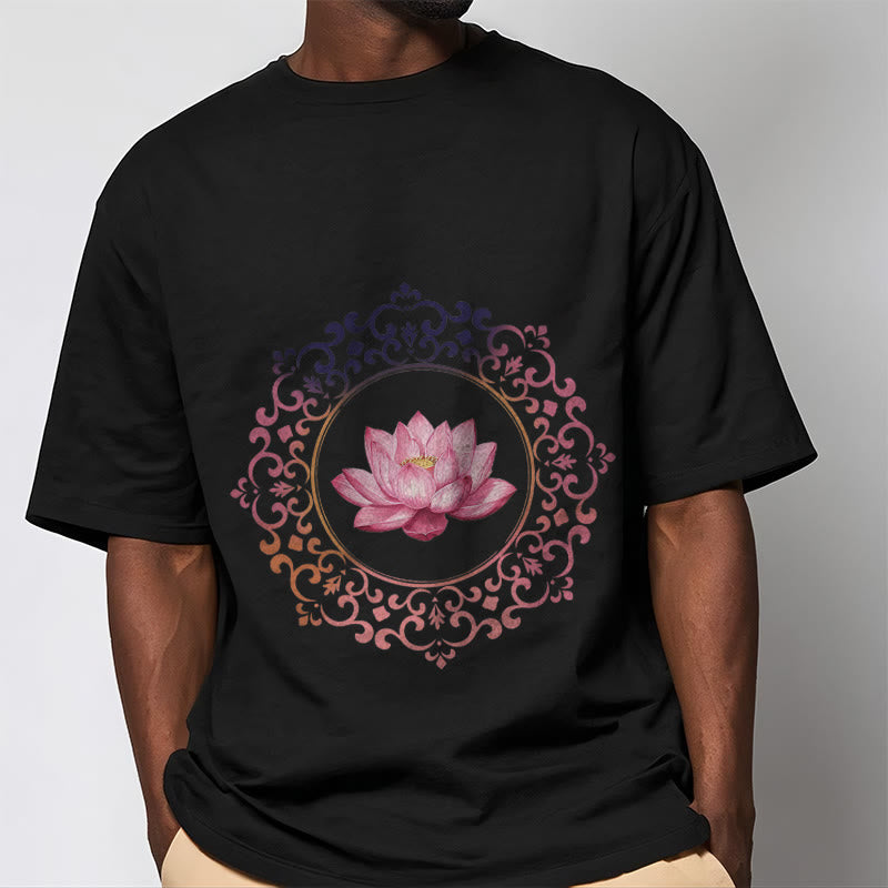 Buddha Stones Mandala Pink Lotus Pattern Tee Cotton T-shirt
