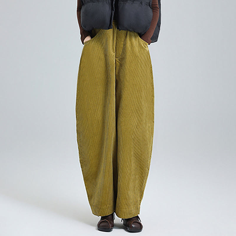 Buddha Stones Women's Fall Plain Ankle-Length Simple Design Corduroy Cotton Pants With Pockets