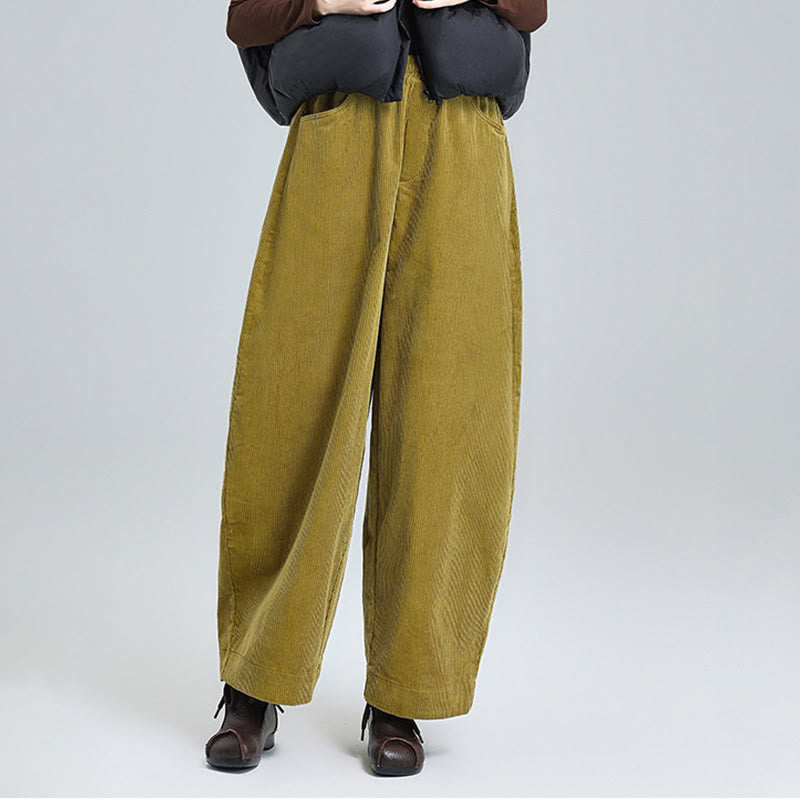 Buddha Stones Women's Fall Plain Ankle-Length Simple Design Corduroy Cotton Pants With Pockets