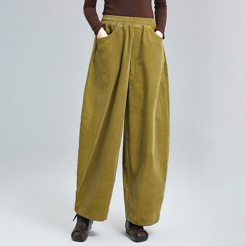 Buddha Stones Women's Fall Plain Ankle-Length Simple Design Corduroy Cotton Pants With Pockets