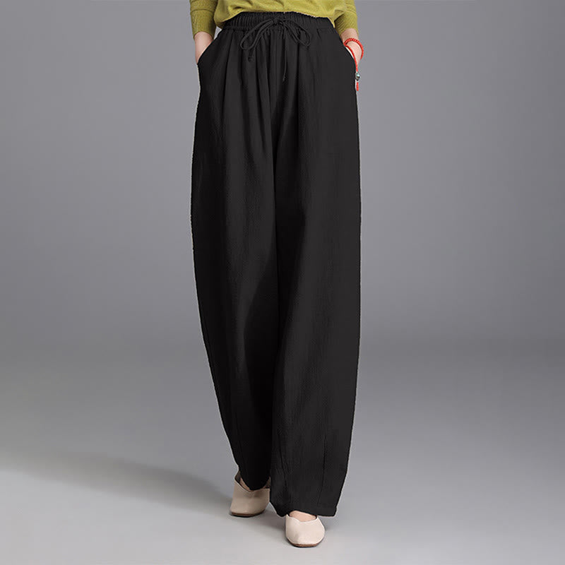 Buddha Stones Women's Casual Vintage Plain Drawstring Carrot Design Cotton Linen Pants With Pockets