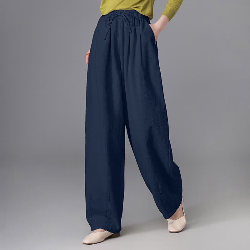 Buddha Stones Women's Casual Vintage Plain Drawstring Carrot Design Cotton Linen Pants With Pockets