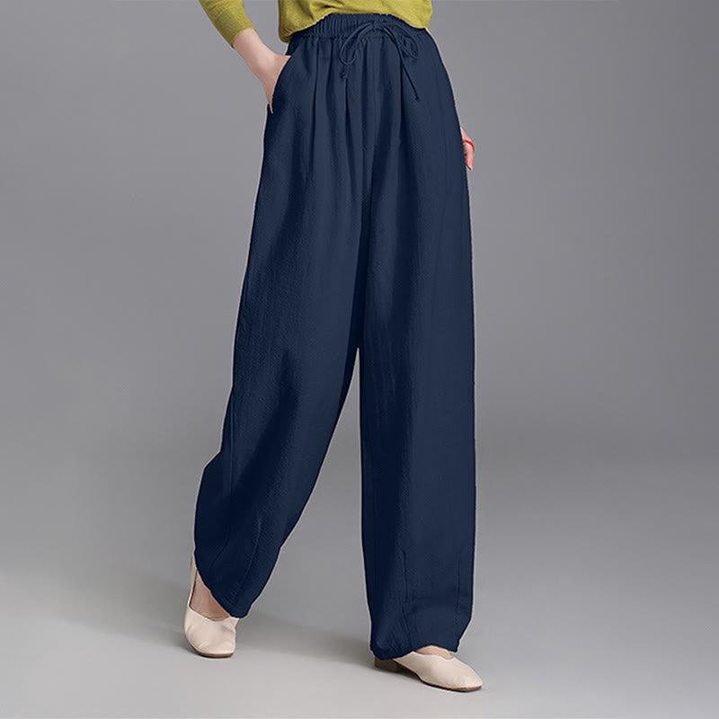 Buddha Stones Women's Casual Vintage Plain Drawstring Carrot Design Cotton Linen Pants With Pockets