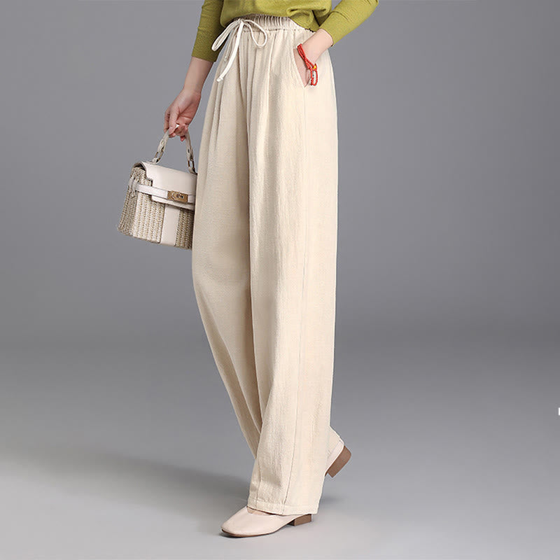 Buddha Stones Women's Casual Vintage Plain Drawstring Carrot Design Cotton Linen Pants With Pockets