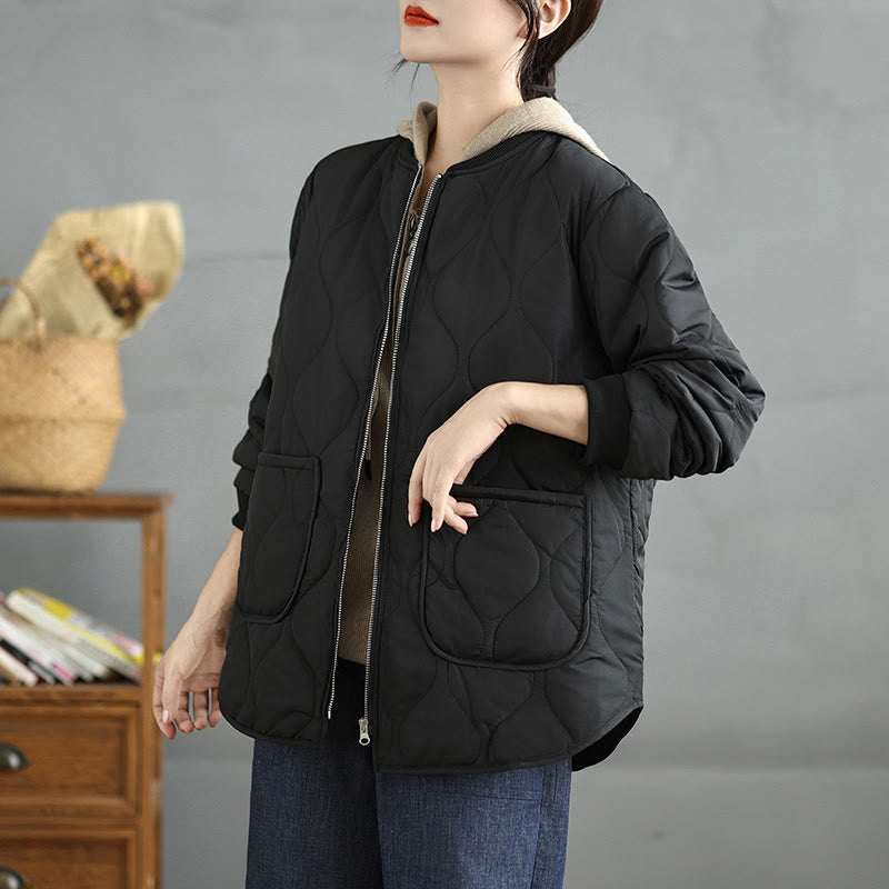 Buddha Stones Women's Plain Zipper Design Cotton Long Sleeve Jacket With Pockets