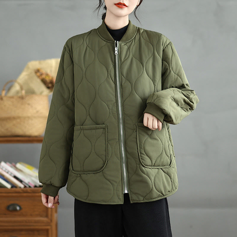 Buddha Stones Women's Plain Zipper Design Cotton Long Sleeve Jacket With Pockets