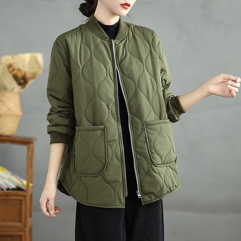 Buddha Stones Women's Plain Zipper Design Cotton Long Sleeve Jacket With Pockets