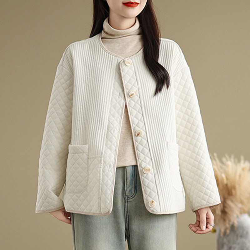 Buddha Stones Women's Vintage Buttons Simple Design Long Sleeve Cotton Jacket With Pockets
