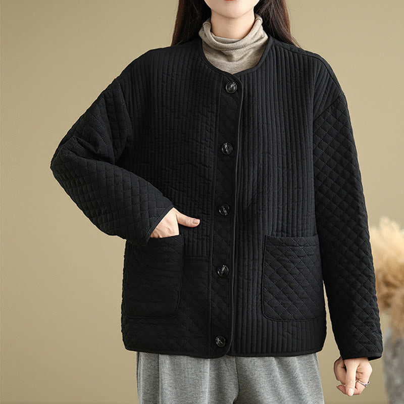 Buddha Stones Women's Vintage Buttons Simple Design Long Sleeve Cotton Jacket With Pockets