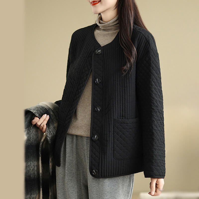Buddha Stones Women's Vintage Buttons Simple Design Long Sleeve Cotton Jacket With Pockets